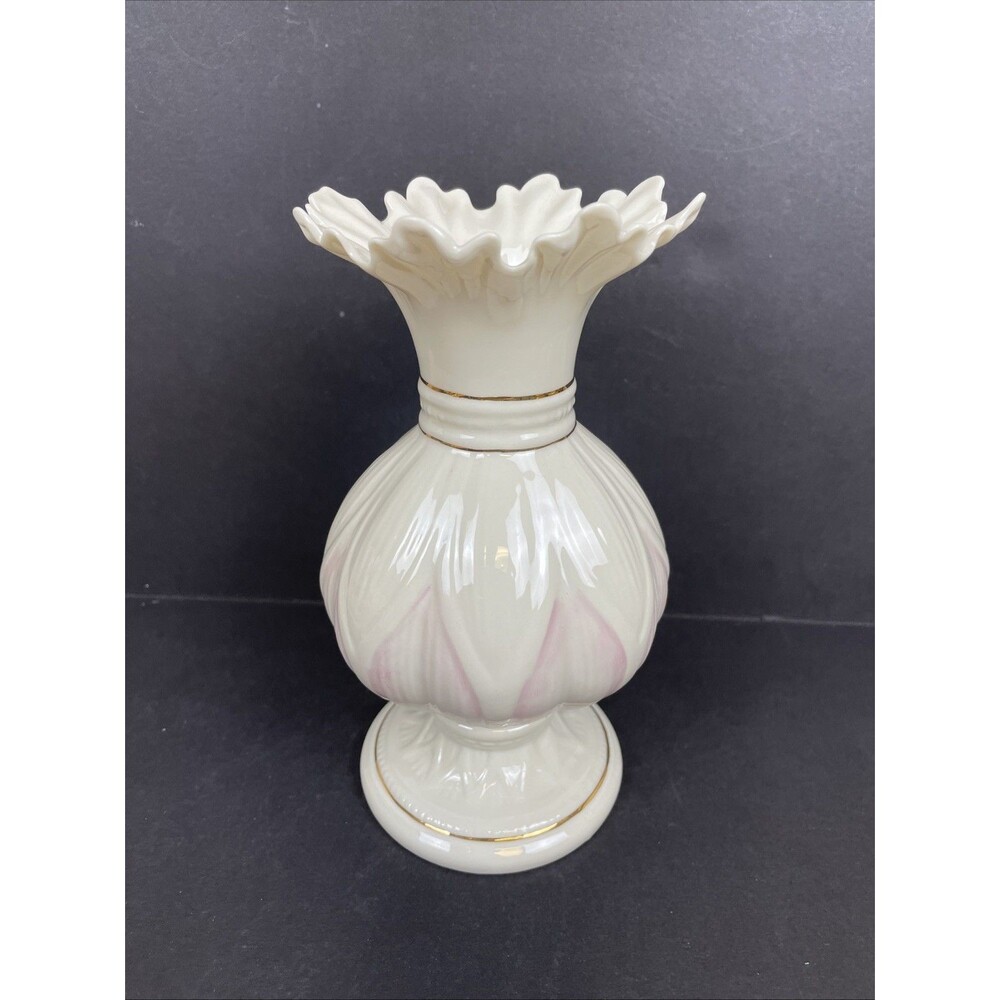 Belleek Irish 8” Porcelain Lotus Blossom Vase with Pink Highlights Brown Stamp